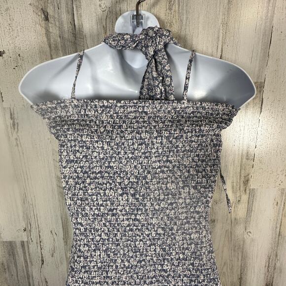 Mable Dusty Blue Floral Midi Dress M | Smocked Halter | Ruffle Hem | MSRP $90 - Picture 7 of 10